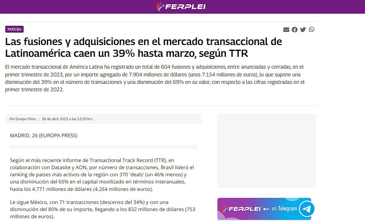 Las fusiones y adquisiciones en el mercado transaccional de Latinoamrica caen un 39% hasta marzo, segn TTR